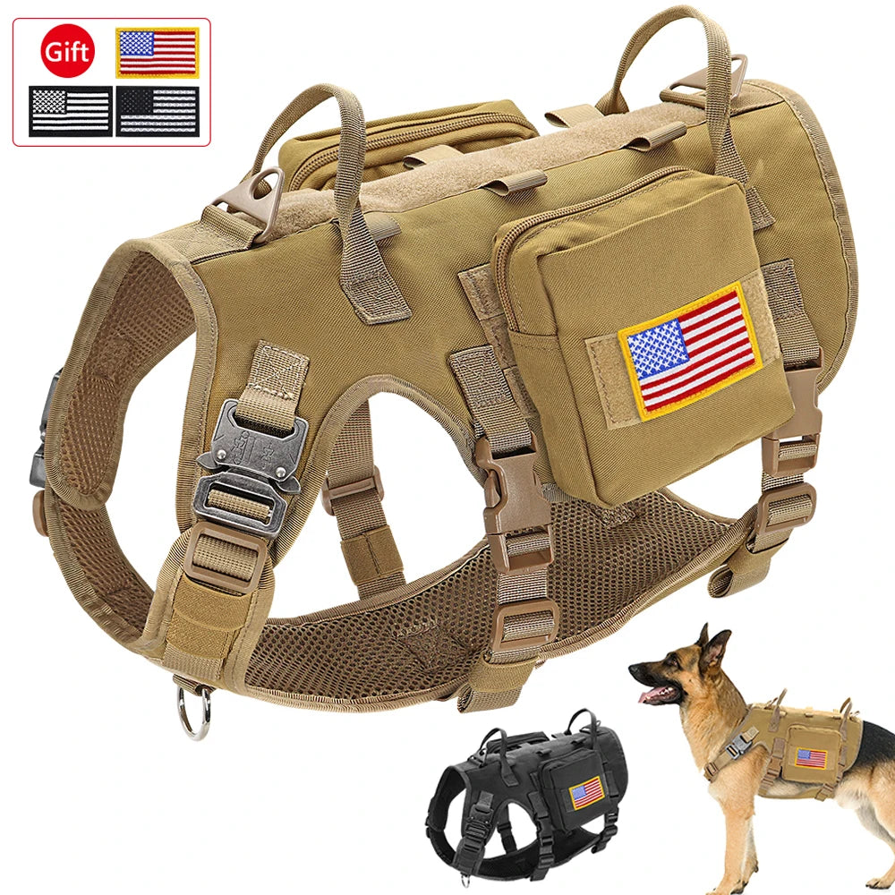 Harnais Militaire Durable en Nylon pour Chien - avec 2 Sacs