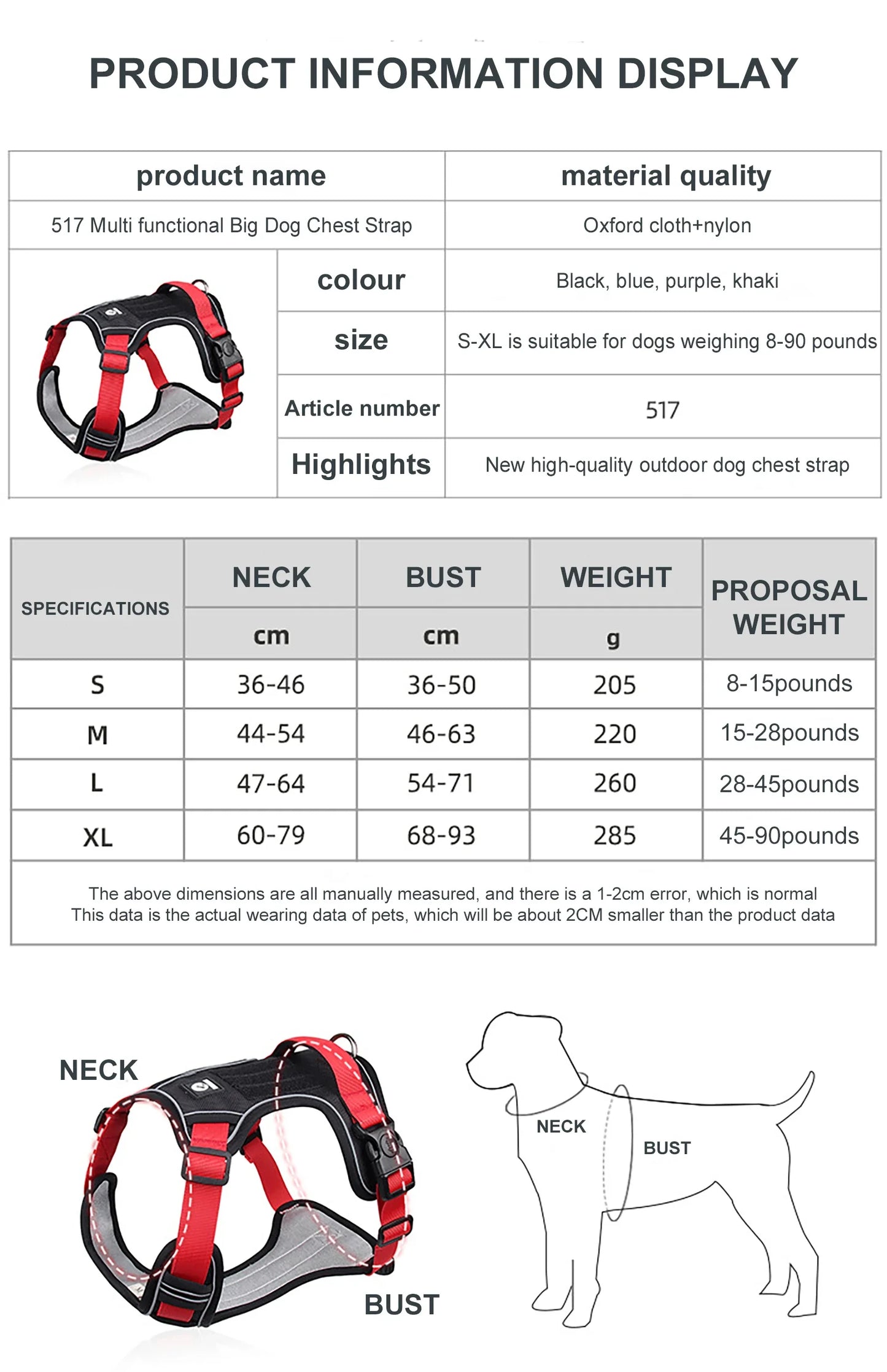 Harnais Tactique Oxford Imperméable pour Chien Moyen - Réfléchissant