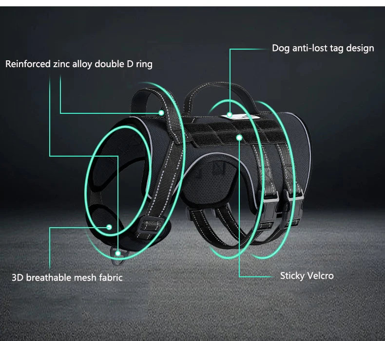 Harnais Tactique 3D Anti-Traction pour Chien Moyen/Grand - Réfléchissant