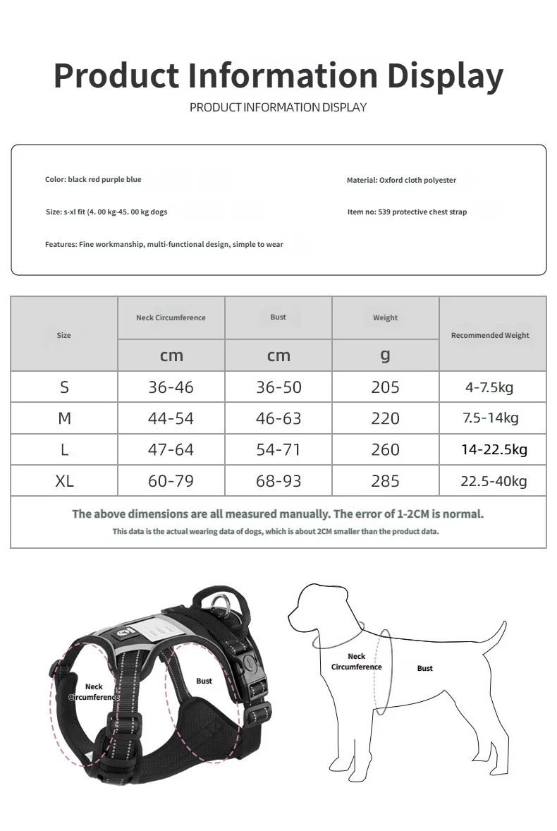 Harnais Type Veste pour Chien - Toutes Races, Résistant aux Chocs