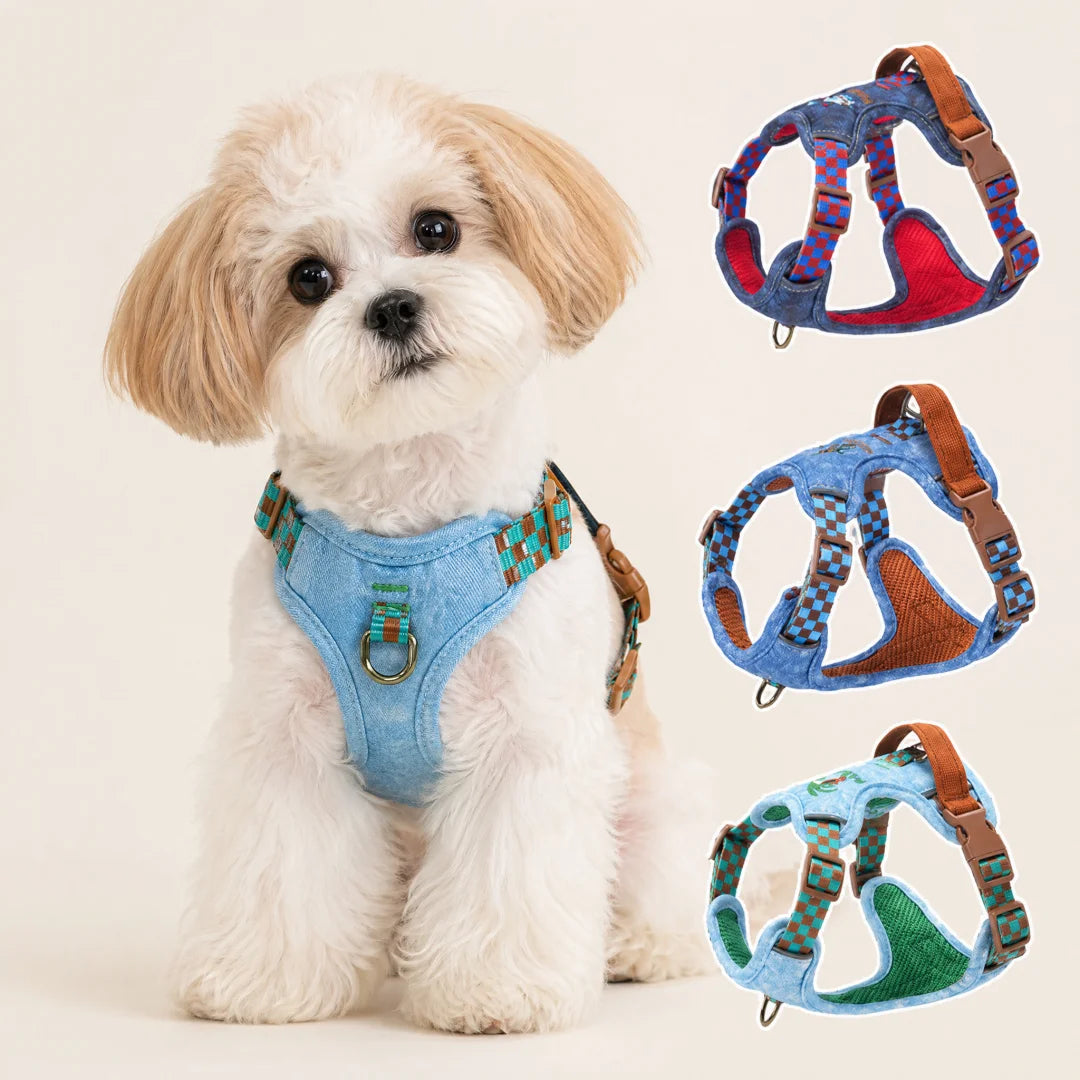 Harnais en Denim pour Petit et Moyen Chien - Coton Respirant