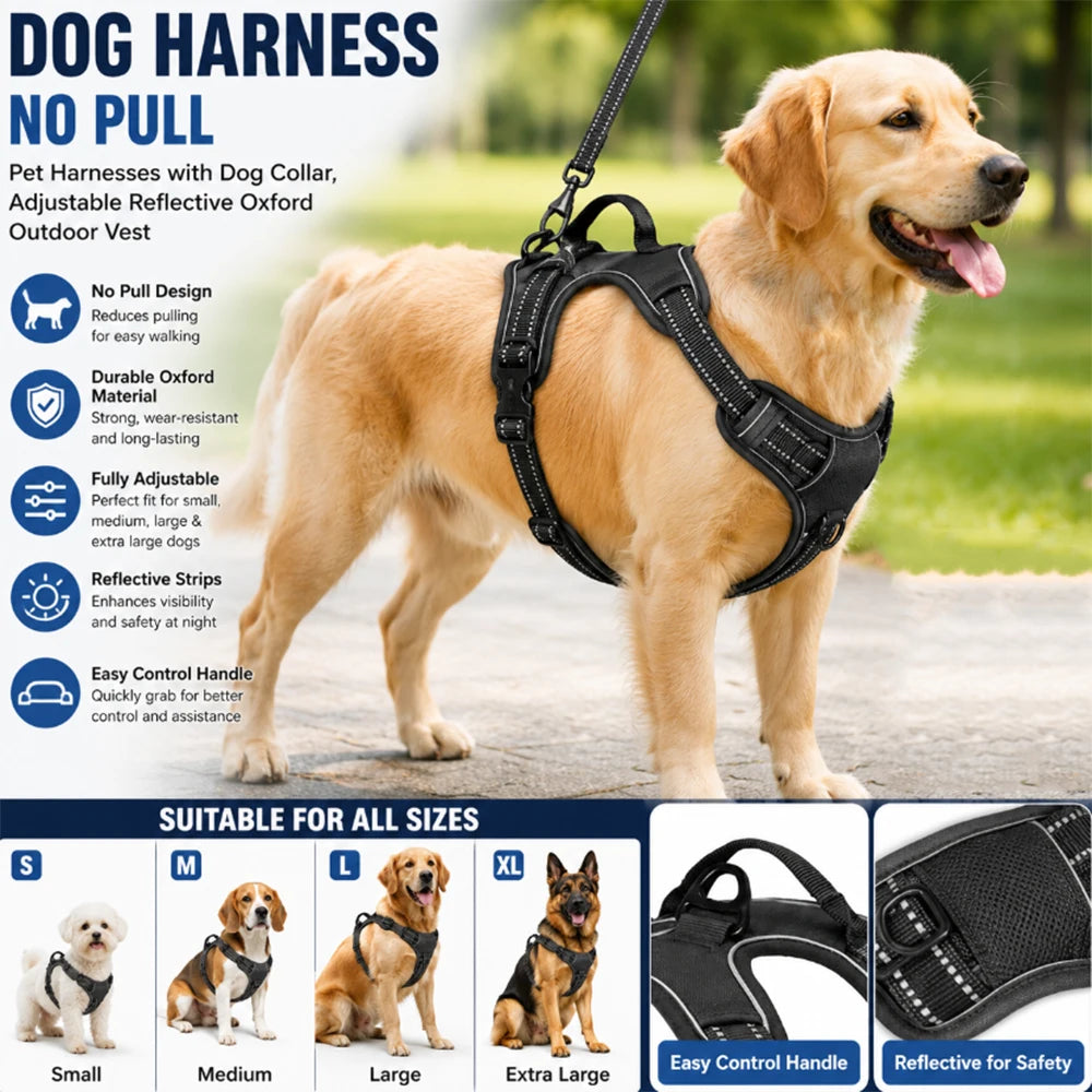 Harnais Réfléchissant Anti-Traction pour Chien - Poignée de Contrôle