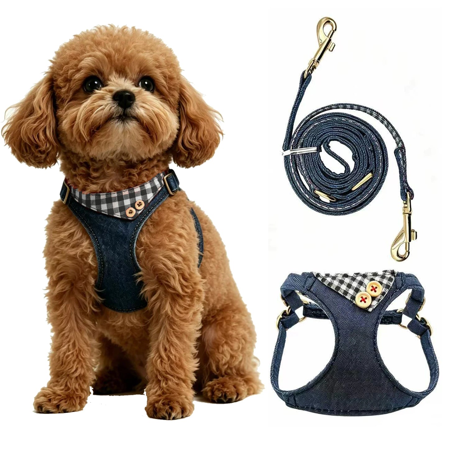 Ensemble Harnais et Laisse en Jean pour Chien - Anti-Traction, Coton