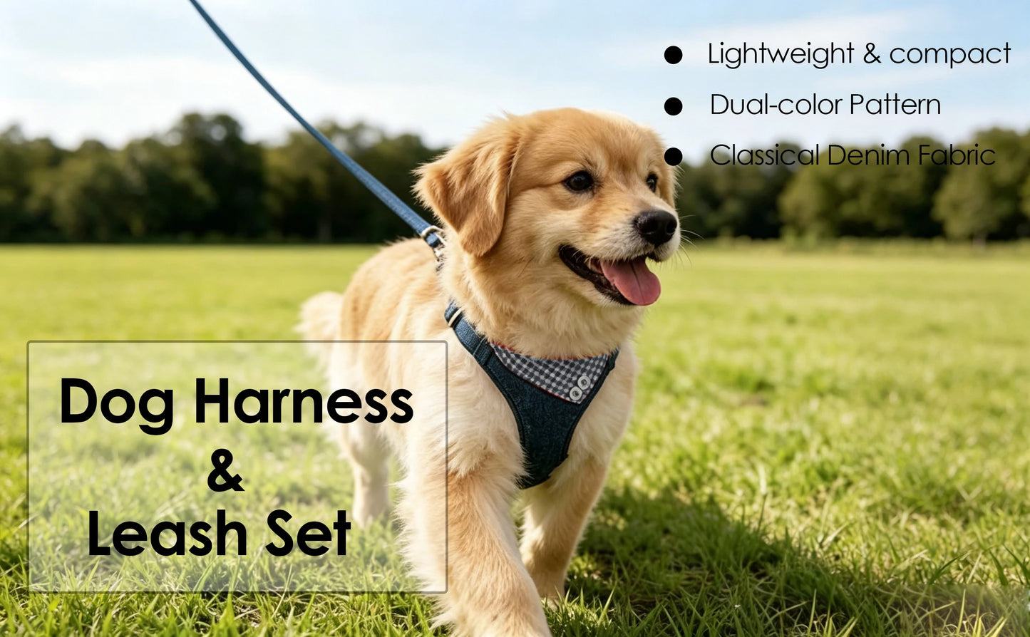Ensemble Harnais et Laisse en Jean pour Chien - Anti-Traction, Coton